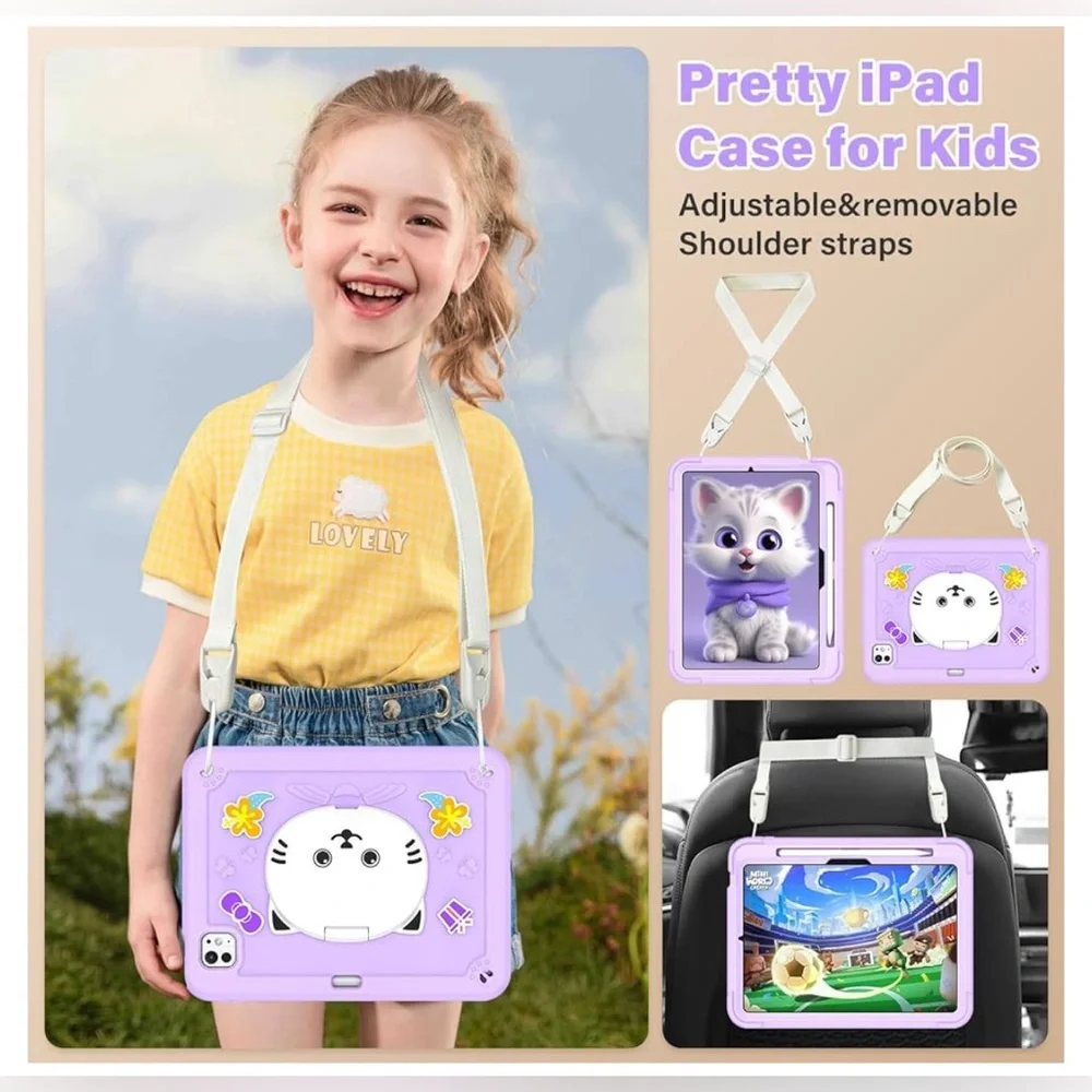 Adorable Kids Cat iPad Cover with Guitar Strap. Designed for iPad Pro 11